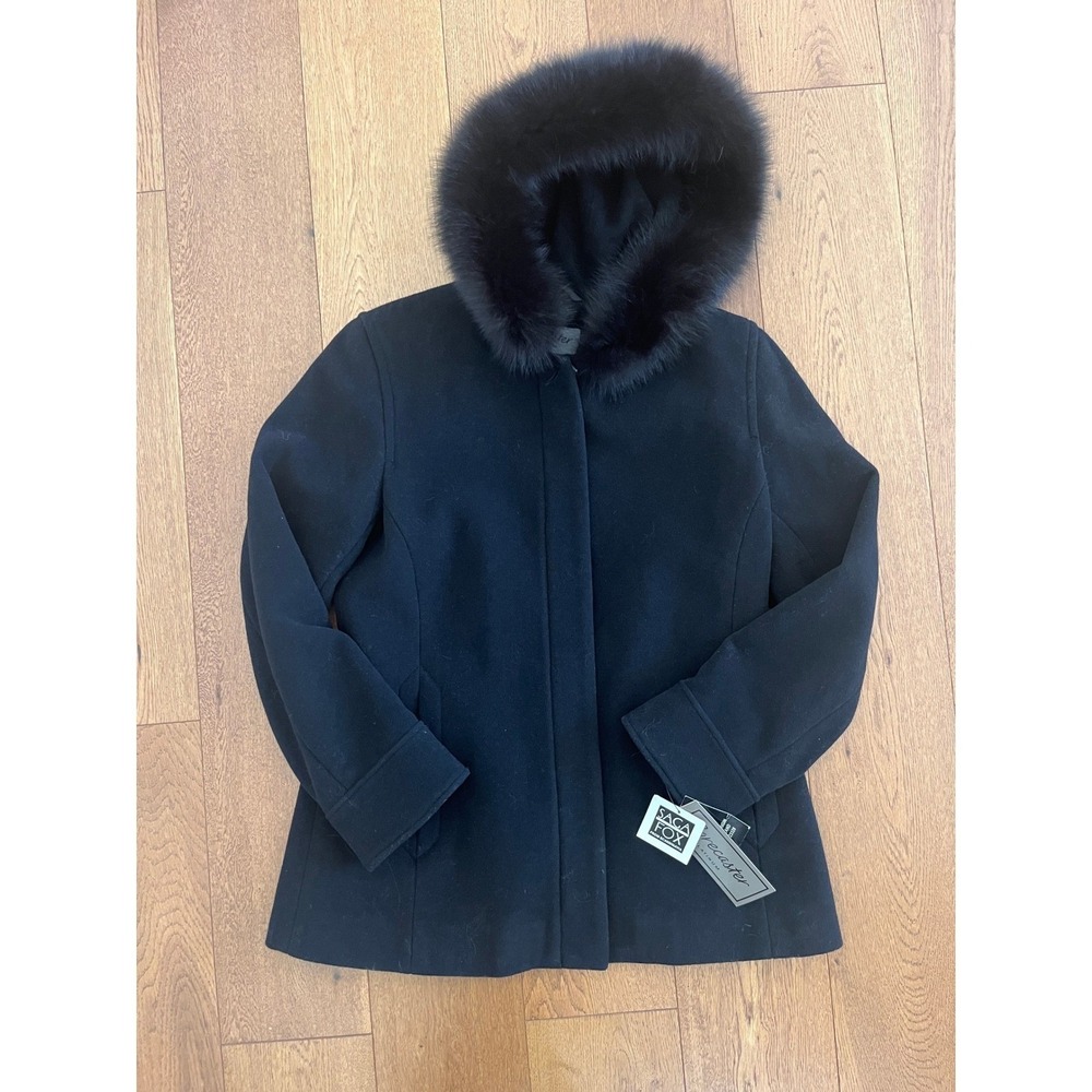 Saga Fox Fur Hooded Wool Coat Womens 8 NWT Black Real Fur Forecaster Jacket - Picture 2 of 10